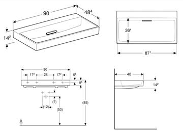 GEBERIT ONE umyvadlo 90 cm, skrytý přepad, KeraTect 505.037.00.1 Technický nákres