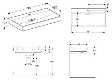 GEBERIT ONE umyvadlo 90 cm, s otvorem pro baterii, skrytý přepad, KeraTect 505.038.00.1 Technický nákres