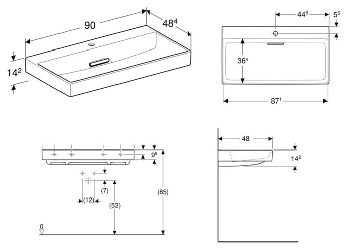 GEBERIT ONE umyvadlo 90 cm, s otvorem pro baterii, skrytý přepad, KeraTect 505.038.00.1 Technický nákres