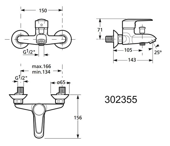 JIKA NANTES vanová nástěnná baterie, s přepínačem, chrom H3211K70044001 Technický nákres