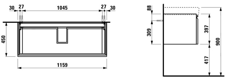 LAUFEN PRO S skříňka pod umyvadlo 115,9x45x39,7 cm, 1 zásuvka, lesklá bílá H4835620964751 Technický nákres