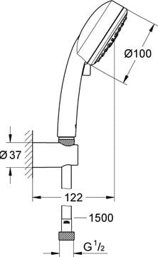 GROHE NEW TEMPESTA COSMOPOLITAN 100 sprchová souprava 3-dílná, ruční sprcha pr. 100 mm, 3 proudy, hadice, držák, Water Saving, chrom 27588002 Technický nákres