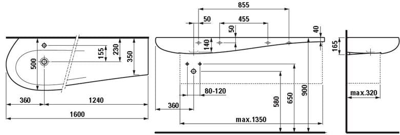 LAUFEN ILBAGNOALESSI ONE umyvadlo 160 cm, s přepadem, LCC H8149714001091 Technický nákres