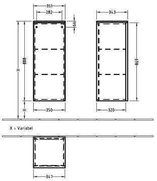 VILLEROY & BOCH VERITY LINE nízká skříňka 35,1x34,3x88,8 cm, 1 dvířka, panty vpravo, Push-open, Glossy White B51501DH Technický nákres