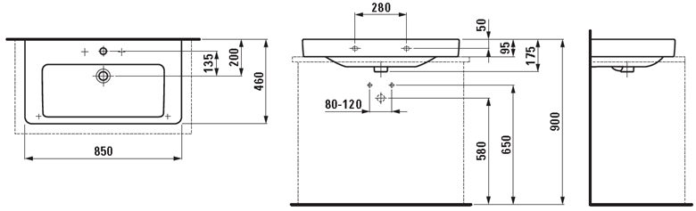 LAUFEN PRO S umyvadlo 85 cm, s otvorem pro baterii a přepadem H8169650001041 Technický nákres