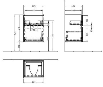 VILLEROY & BOCH VERITY LINE skříňka pod umyvadlo 46,5x40,6x61,8 cm, 2 zásuvky, Oak Nebraska B66600PJ Technický nákres