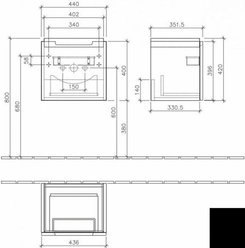 VILLEROY & BOCH SUBWAY 2.0 skříňka pod umývátko 44x35,2x42 cm, 1 zásuvka, Glossy White A68410DH Technický nákres