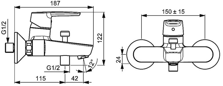HANSA POLO vanová nástěnná baterie, s přepínačem, chrom 51442193 Technický nákres