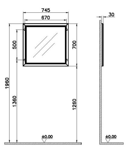 VITRA VALARTE zrcadlo 74,5x70 cm 62217 Technický nákres