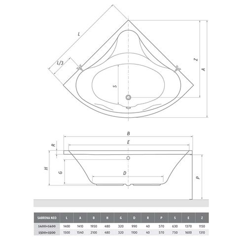 ROTH SABRINA NEO 150 čelní panel k vaně 150x57 cm  9630001 Technický nákres