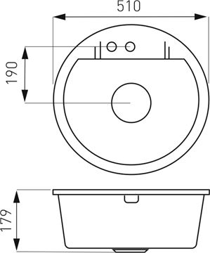 NOVASERVIS granitový dřez pr. 510 mm, 2 otvory, šedá DRGM1/51GA Technický nákres
