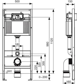 TECE BASE montážní prvek pro WC 112 cm, se splachovací nádržkou Base a s tlačítkem, bílá 9400413 Technický nákres