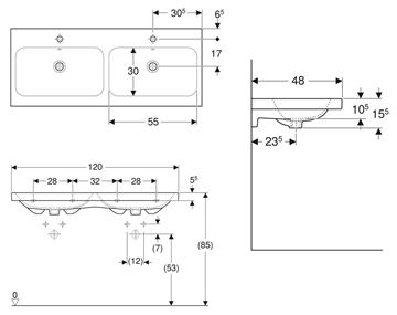 GEBERIT ICON LIGHT dvojumyvadlo 120 cm, se 2 otvory pro baterie a přepadem, KeraTect 501.838.00.2 Technický nákres
