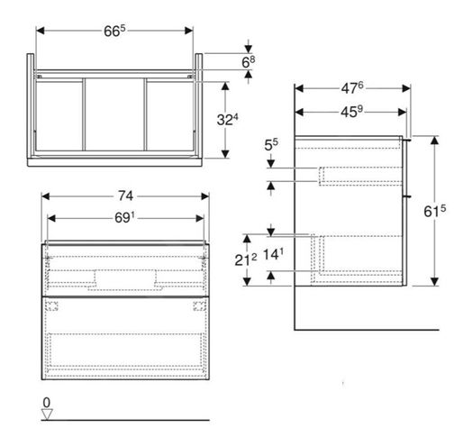 GEBERIT ICON skříňka pod umyvadlo 74x47,6x61,5 cm, 2 zásuvky, ořech hickory 502.304.JR.1 Technický nákres