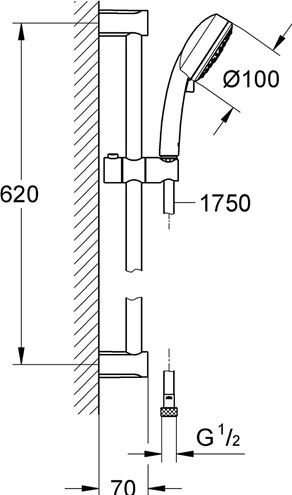 GROHE NEW TEMPESTA COSMOPOLITAN 100 sprchová souprava 3-dílná, ruční sprcha pr. 100 mm, 3 proudy, tyč, hadice, Water Saving, chrom 27579002 Technický nákres