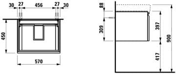LAUFEN PRO S skříňka pod umyvadlo 57x45x39,7 cm, 1 zásuvka, matná bílá H4833720964631 Technický nákres