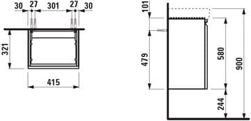 LAUFEN PRO S skříňka pod umývátko 41,5x32,1x58 cm, 1 dvířka, panty vlevo, matná bílá H4833010964631 Technický nákres