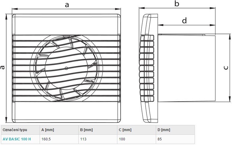 HACO AV BASIC 100 H axiální ventilátor 100 mm, nástěnný, s časovačem a čidlem vlhkosti 0907 Technický nákres