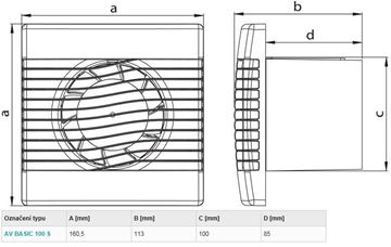 HACO AV BASIC 100 S axiální ventilátor 100 mm, nástěnný 0905 Technický nákres