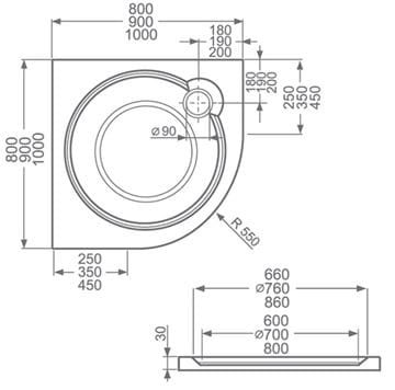 ROTH TAHITI-M sprchová vanička 90x90 cm, R550, litý mramor, s nožičkami, s protiskluzem 8000065 Technický nákres