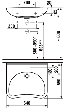 JIKA MIO bezbariérové umyvadlo 65 cm, s otvorem pro baterii, bez přepadu H8137140001041 Technický nákres