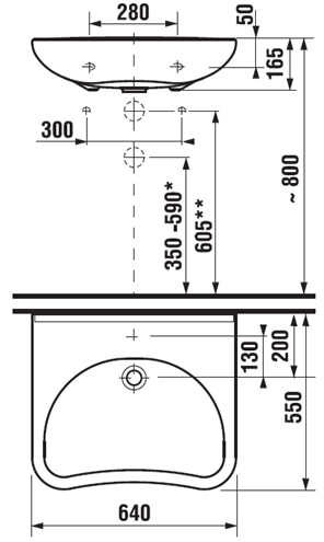 JIKA MIO bezbariérové umyvadlo 65 cm, s otvorem pro baterii, bez přepadu H8137140001041 Technický nákres