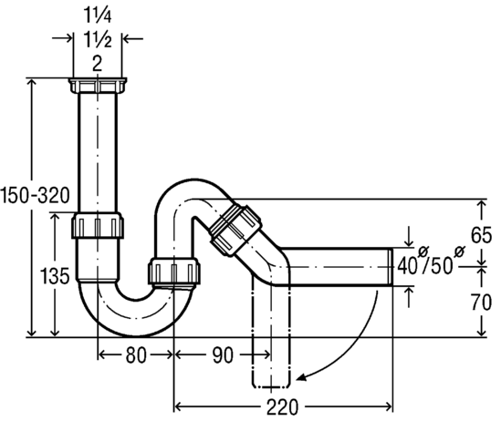 VIEGA 7985.20 dřezový sifon DN40, s převlečnou maticí 1 1/4 113957 Technický nákres