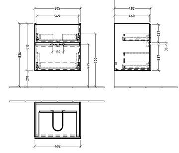 VILLEROY & BOCH VERITY LINE skříňka pod umyvadlo 60,5x48,2x61,8 cm, 2 zásuvky, Oak Nebraska B66400PJ Technický nákres