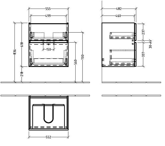 VILLEROY & BOCH VERITY LINE skříňka pod umyvadlo 55,5x48,2x61,8 cm, 2 zásuvky, Glossy White B66500DH Technický nákres