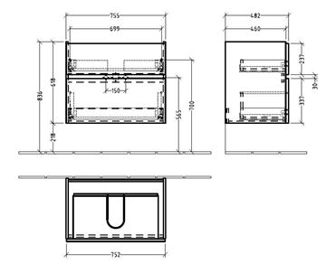 VILLEROY & BOCH VERITY LINE skříňka pod umyvadlo 75,5x48,2x61,8 cm, 2 zásuvky, Oak Nebraska B66300PJ Technický nákres