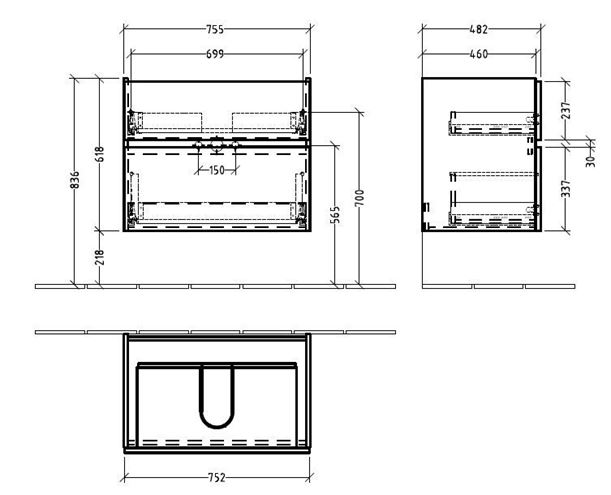 VILLEROY & BOCH VERITY LINE skříňka pod umyvadlo 75,5x48,2x61,8 cm, 2 zásuvky, Oak Nebraska B66300PJ Technický nákres