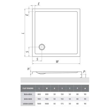 ROTH FLAT KVADRO sprchová vanička 80x80 cm, akrylát, bez nožiček 8000118 Technický nákres