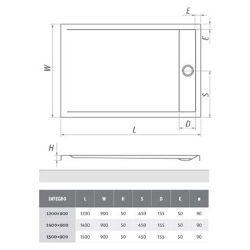 ROTH INTEGRO sprchová vanička 140x90 cm, akrylát, bez nožiček 8000170 Technický nákres