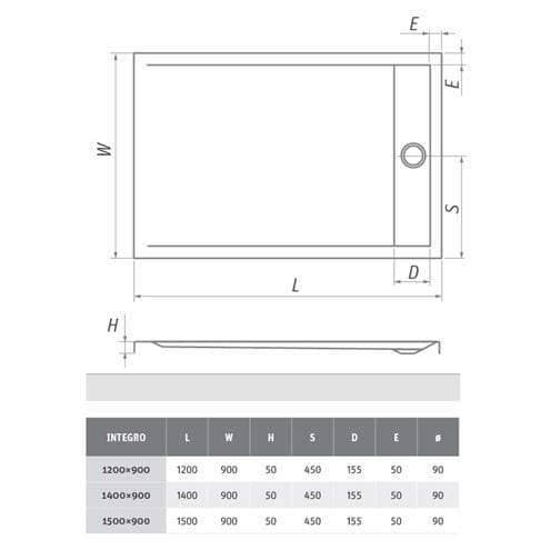 ROTH INTEGRO sprchová vanička 150x90 cm, akrylát, bez nožiček 8000171 Technický nákres