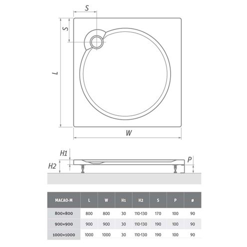 ROTH MACAO-M sprchová vanička 100x100 cm, litý mramor, s nožičkami, s protiskluzem 8000165 Technický nákres