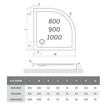 ROTH FLAT ROUND sprchová vanička 100x100 cm, R550, akrylát, bez nožiček 8000117 Technický nákres