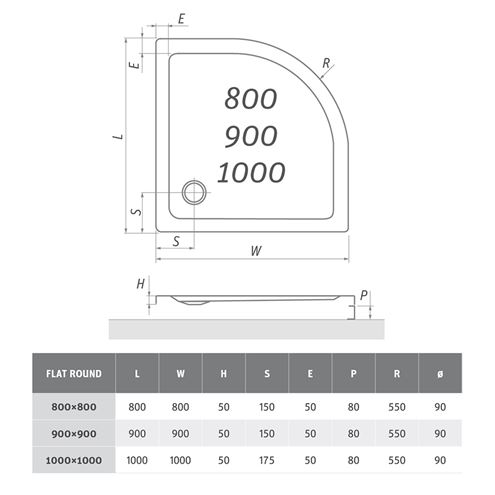 ROTH FLAT ROUND sprchová vanička 100x100 cm, R550, akrylát, bez nožiček 8000117 Technický nákres