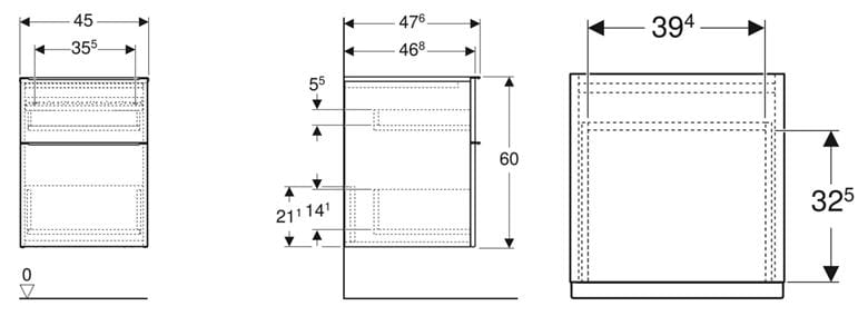 GEBERIT ICON nízká skříňka 45x47,6x60 cm, 2 zásuvky, lesklá bílá 502.315.01.2 Technický nákres