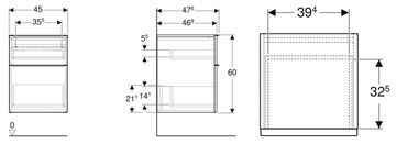 GEBERIT ICON nízká skříňka 45x47,6x60 cm, 2 zásuvky, lesklá bílá 502.315.01.2 Technický nákres
