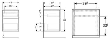 GEBERIT ICON nízká skříňka 45x47,6x60 cm, 2 zásuvky, dub 502.315.JH.1 Technický nákres
