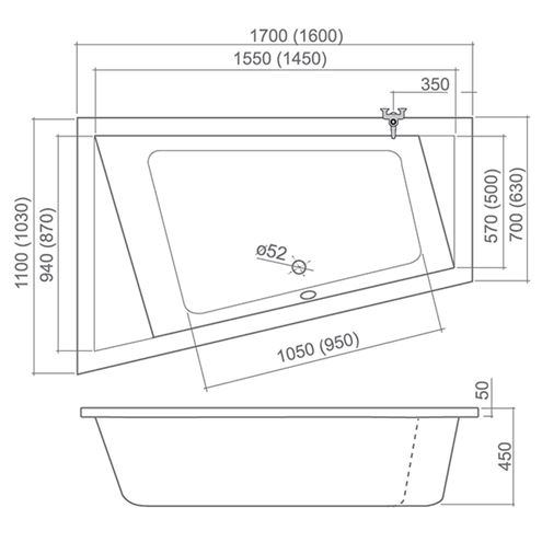 ROTH KUBIC ASYMMETRIC rohová vana 170x110 cm, bez nožiček, akrylát 9690000 Technický nákres