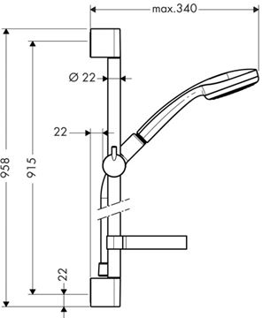 HANSGROHE CROMA 100 1JET sprchová souprava 4-dílná, ruční sprcha pr. 100 mm, tyč, hadice, mýdlenka, chrom 27724000 Technický nákres