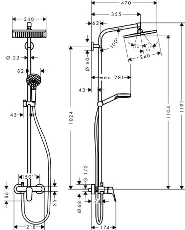 HANSGROHE CROMETTA S SHOWERPIPE 240 sprchový set s nástěnnou baterií, horní sprcha, ruční sprcha se 2 proudy, tyč, hadice, chrom 27269000 Technický nákres