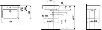 LAUFEN PRO A umyvadlo 60 cm, s přepadem H8189520001091 Technický nákres