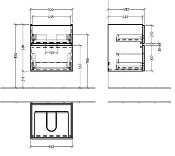 VILLEROY & BOCH VERITY LINE skříňka pod umyvadlo 55,5x48,2x61,8 cm, 2 zásuvky, Oak Nebraska B66500PJ Technický nákres