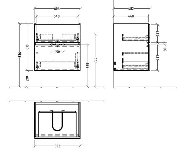 VILLEROY & BOCH VERITY LINE skříňka pod umyvadlo 60,5x48,2x61,8 cm, 2 zásuvky, Santana Oak B66400E1 Technický nákres