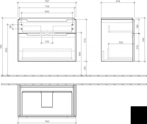 VILLEROY & BOCH SUBWAY 2.0 skříňka pod umyvadlo 78,7x44,9x59 cm, 2 zásuvky, Glossy White A91410DH Technický nákres