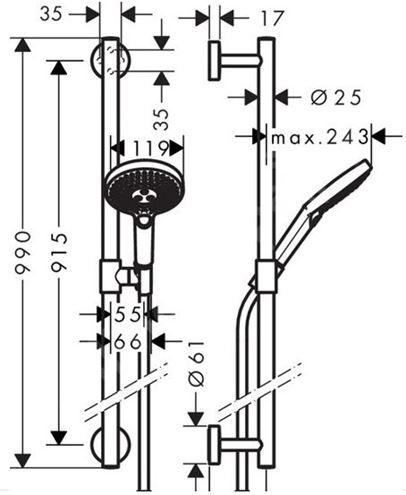 HANSGROHE RAINDANCE SELEST S 120 3JET sprchová souprava 3-dílná, ruční sprcha pr. 125 mm, 3 proudy, tyč, hadice, bílá/chrom 26322400 Technický nákres