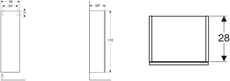 GEBERIT SMYLE SQUARE nízká skříňka 36x29,9x118 cm, 1 dvířka, Push-open, lesklá pískově šedá 500.361.JL.1 Technický nákres