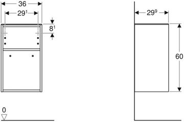GEBERIT SMYLE SQUARE nízká skříňka 36x29,9x60 cm, 1 police, lesklá bílá/černá 500.358.00.1 Technický nákres